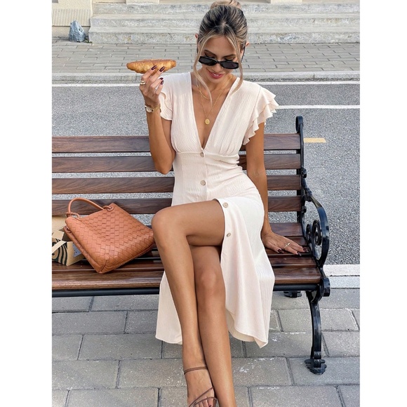 Beige Midi Dress V-Neck Ruffle Sleeve Button Through - Picture 3 of 9